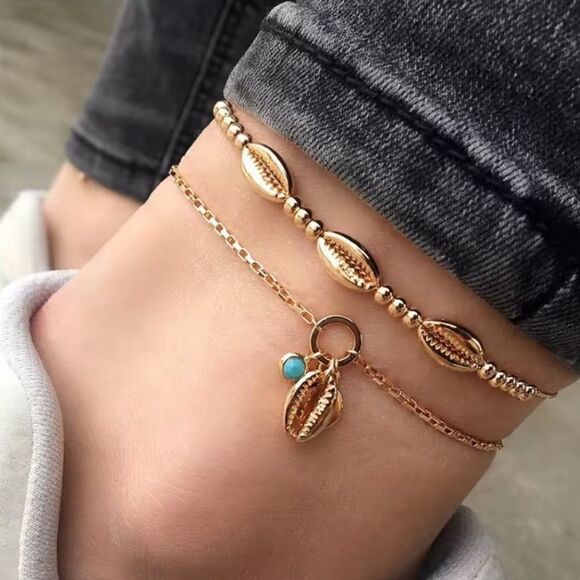 Gold and Turquoise Shell Anklet Set - Picture 1 of 1